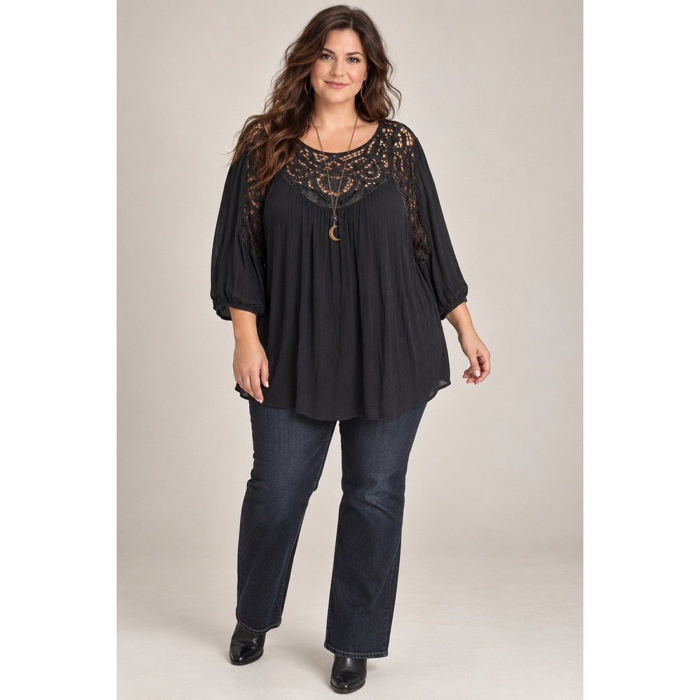 Whimsigoth Black Lace Tunic Top Boho Gothic Flowy Plus Size 24W